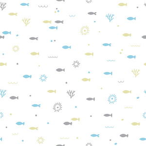可爱幼稚的无缝模式。手画有趣的小鱼。海洋背景。孩子的质地。海洋海洋