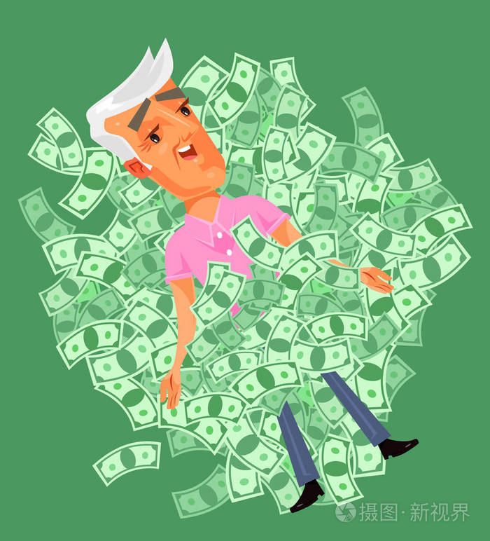 快乐的微笑爷爷老头的性格躺在成堆的钱.矢量平面卡通插画