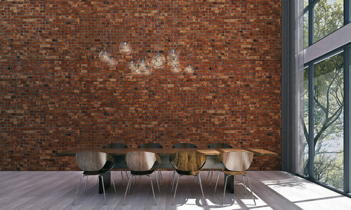 现代阁楼餐厅室内设计与砖墙图案背景