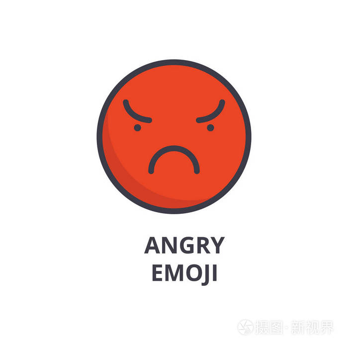 愤怒的 emoji 表情矢量线图标, 符号, 背景插图, 可编辑笔画