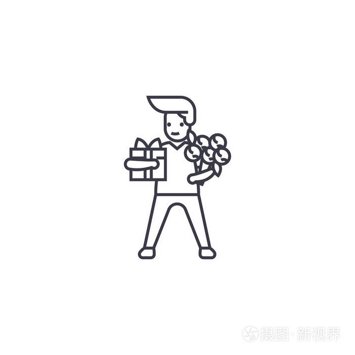 人与giftbox 和花矢量线图标, 符号, 背景插图, 可编辑笔画