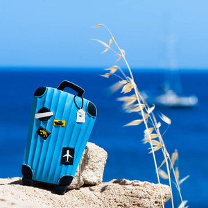 概念旅行到海。时髦的手提箱对蓝色海