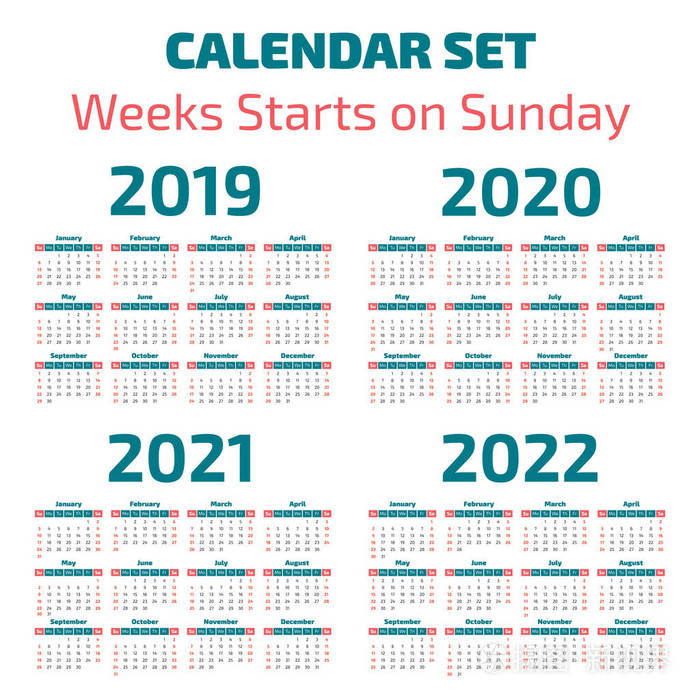 简单的2019-2022 年日历