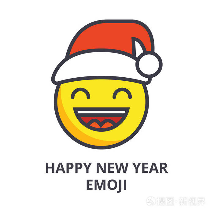 新年快乐 emoji 表情矢量线图标, 符号, 背景插图, 可