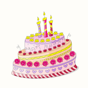 涂鸦五颜六色的生日蛋糕与玫瑰和三蜡烛