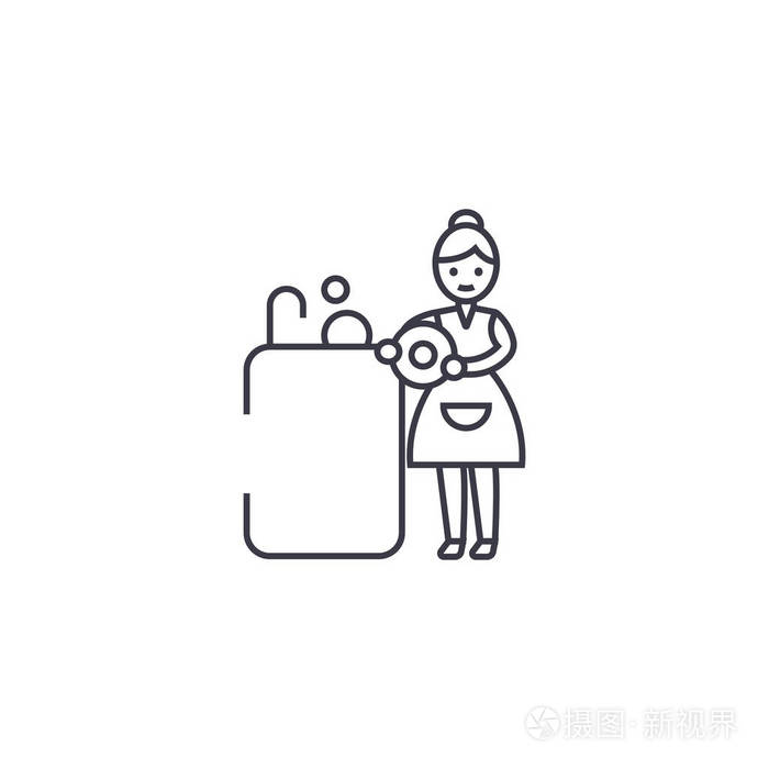 洗碗矢量线图标, 符号, 背景插图, 可编辑笔画