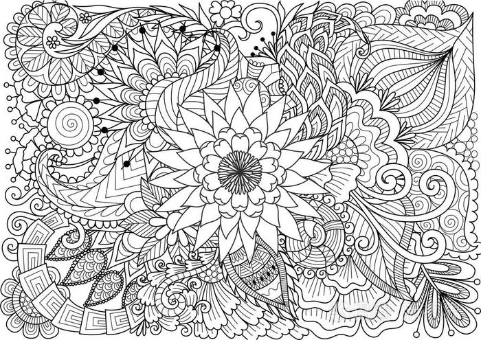 线条艺术的美丽的花朵背景和着色书页的成人和儿童.矢量插图