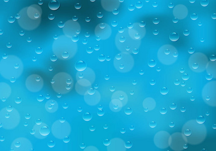 雨后透明水滴的蓝色玻璃的矢量图解
