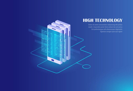 通过移动设备接收处理和传输数据的概念。等距向量图
