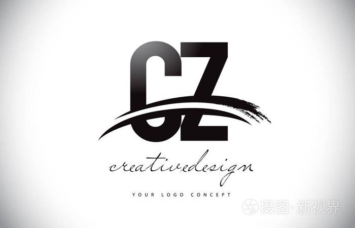 带旋风和黑色画笔笔触的 cz c z 字母徽标设计.