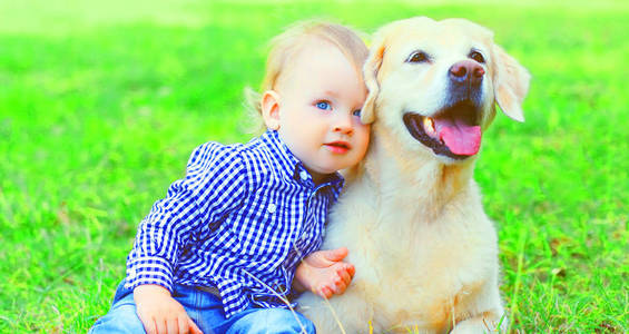 婴儿和金色猎犬狗坐在一起在草地上的夏天