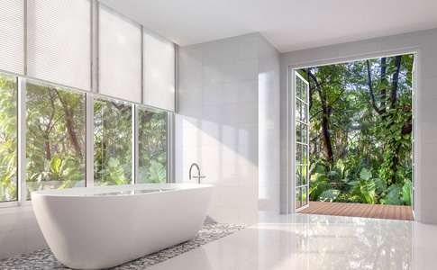 现代白色浴室3d 渲染。有白色瓷砖墙和地板。房间里有大的敞开的门, 向热带花园望去。