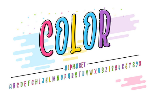 拉丁字母。趋势字体2018颜色在可爱的卡通平面风格