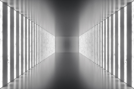 3d. 用霓虹灯渲染抽象房间内部。未来的建筑背景。设计项目的模拟
