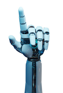 白色的机器人指着他的手指被隔离在白色背景3d 渲染