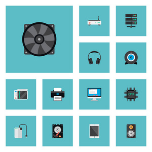 一套 Pc 图标平面风格符号与游戏控制台, 显示器, 硬盘和其他图标为您的 web 移动应用程序徽标设计
