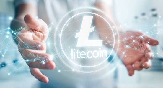 商人在模糊的背景使用 litecoins cryptocurrency 3d 渲染