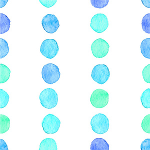 无缝的手工绘制的水彩图案的圆各种蓝色点，孤立在白色