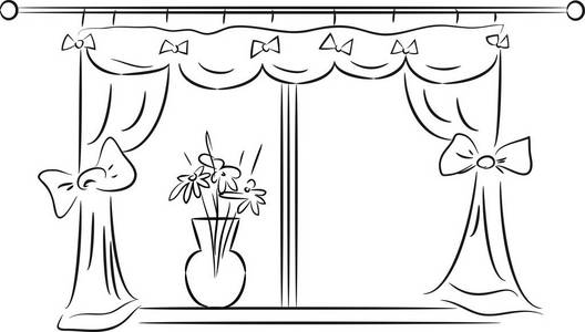 窗台上有窗帘的窗和玻璃花瓶的素描