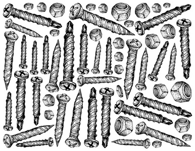制造和工业, 插图手绘素描壁纸的背景螺钉和螺母。一种用于将材料固定在一起的紧固件类型