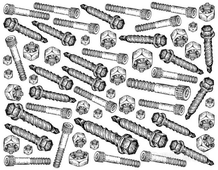 制造和工业 插图手绘素描墙纸背景的插座螺钉 货架钻板金属螺丝和