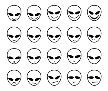 外星人, 偶像, 不同的情绪, 向量。外星人的脸偶像。单色, 矢量图像。白色背景上的黑色轮廓