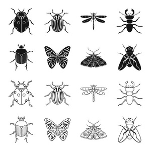 破坏, 寄生虫, 自然, 蝴蝶。昆虫集合图标在黑色, 轮廓样式矢量符号股票插画网站