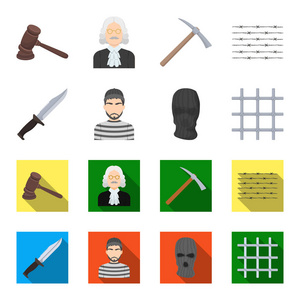 刀, 囚犯, 面具在脸上, 钢格栅。监狱集合图标卡通, 平面式矢量符号股票插画网站