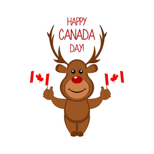 可爱的驼鹿持有旗帜。加拿大日