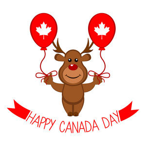 可爱的驼鹿拿着一副手套。加拿大日。矢量插画设计