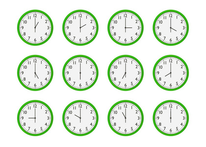 白色背景下不同时间隔离的绿色挂钟的设置