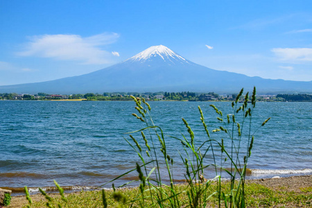 日本河口湖蓝天上著名的富士山景观