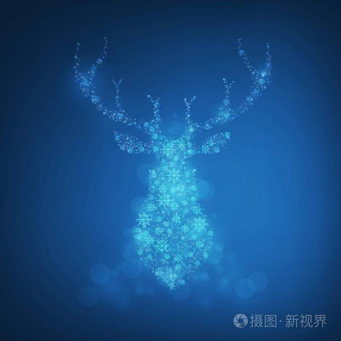 圣诞贺卡与魔术鹿蓝色背景.矢量插图