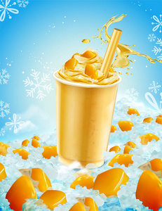 分离的芒果冰剃外卖杯与飞溅的液体和水果在蓝色冰背景3d 例证