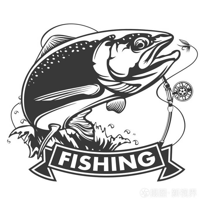 老式鲑鱼钓鱼标志, 标签和设计元素.插图
