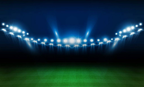 足球场球场有明亮的体育场灯矢量设计。矢量照明