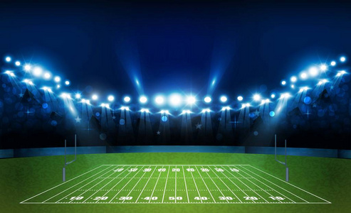 美国足球场球场明亮的体育场灯设计。矢量照明