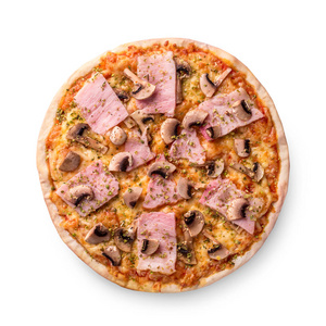 新鲜的比萨饼与蘑菇, 火腿, 奶酪在白色背景。复制空间。顶部视图
