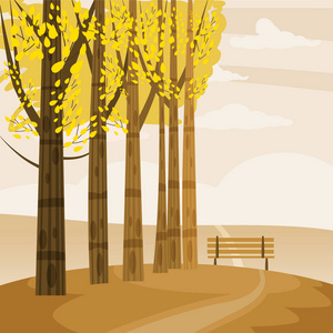 秋天风景与树山分支和秋天叶子, vactor 例证, 卡通样式