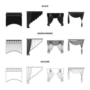 不同类型的窗帘。窗帘集图标黑色, 单色, 轮廓样式矢量符号股票插画网站
