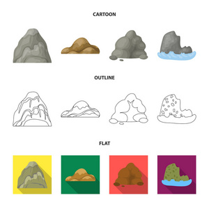 巨石, 一座圆山, 海中的岩石。不同山脉集合图标在卡通, 轮廓, 平面风格矢量符号股票插画网站