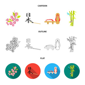 花, 樱花, 竹子, 象形文字。日本集合图标在卡通, 轮廓, 平面风格矢量符号股票插画网站