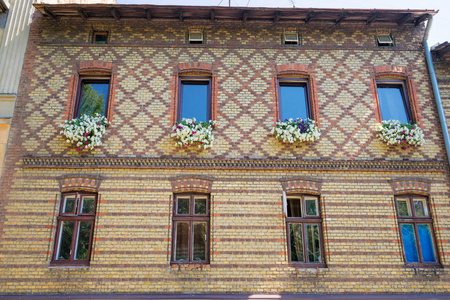 旧欧式建筑门面的低角度看窗花图片