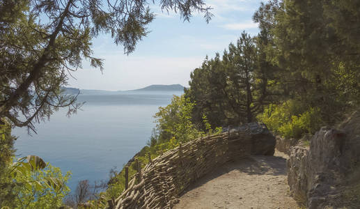 一条山路, 用柳条栅栏围起来, 沿着海岸奔跑。克里米亚