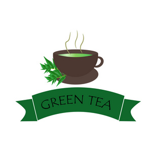 矢量标志横幅广告公司的名称与一杯和传单, 并在白色背景下的文字题词的芳香绿茶