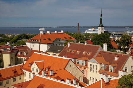 爱沙尼亚塔林从圆顶教堂钟楼圣玛丽大教堂老城 Toompea 山圣奥拉夫教堂波罗的海和游船上观看