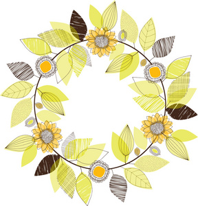 手绘涂鸦叶子和向日葵花圈向量例证