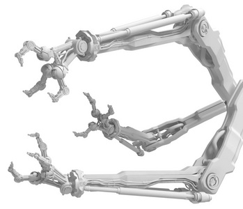 机器人手臂与三个手指白色, 小组伸手可及, 3d 例证, 水平背景