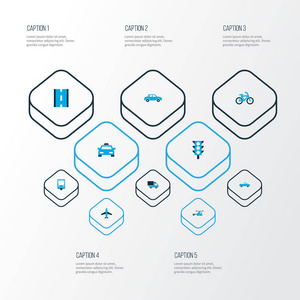 运输图标彩色设置与电车, 飞机, 皮卡和其他汽车元素。独立矢量插图传输图标