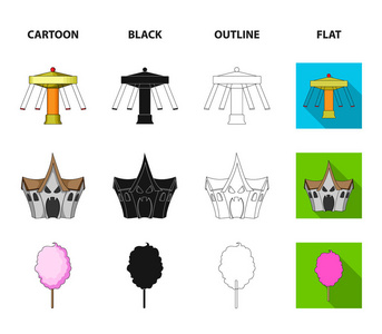用蝙蝠测量强度摩天轮旋转木马有窗户的房子的装置。游乐园集合图标在卡通, 黑色, 轮廓, 平面风格矢量符号股票插图
